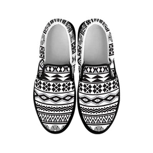 White And Grey Aztec Pattern Print Black Slip On Sneakers