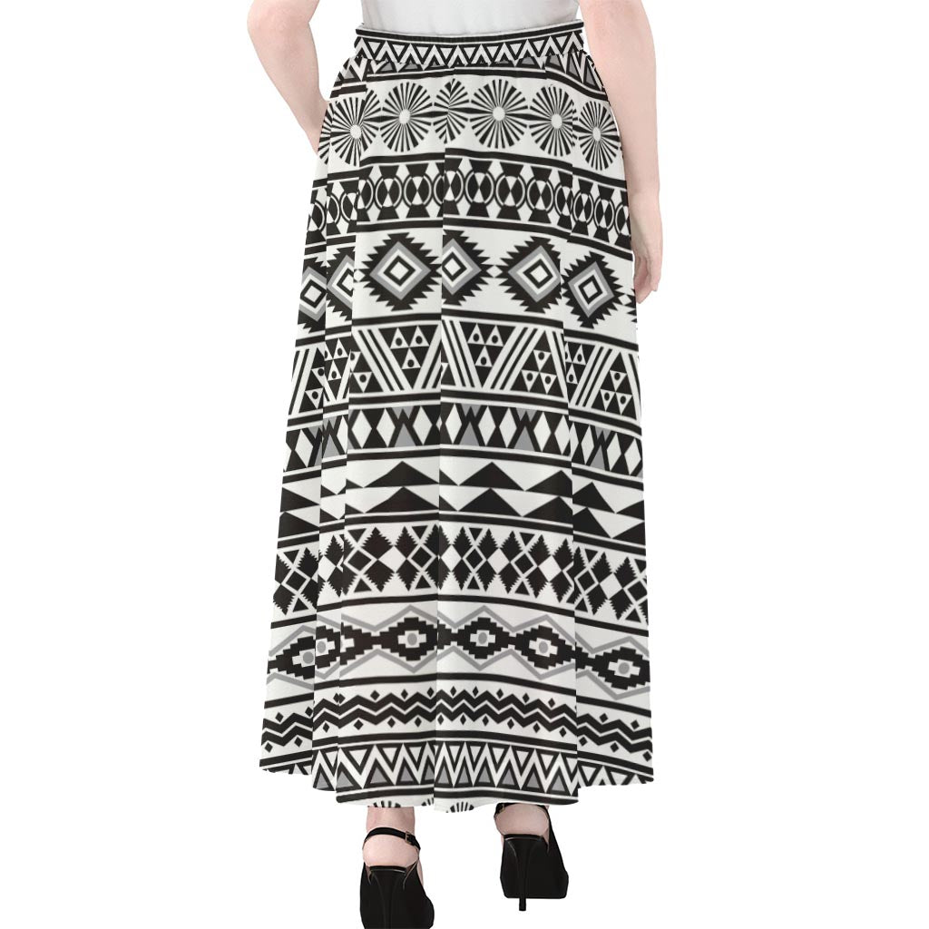 White And Grey Aztec Pattern Print Chiffon Maxi Skirt