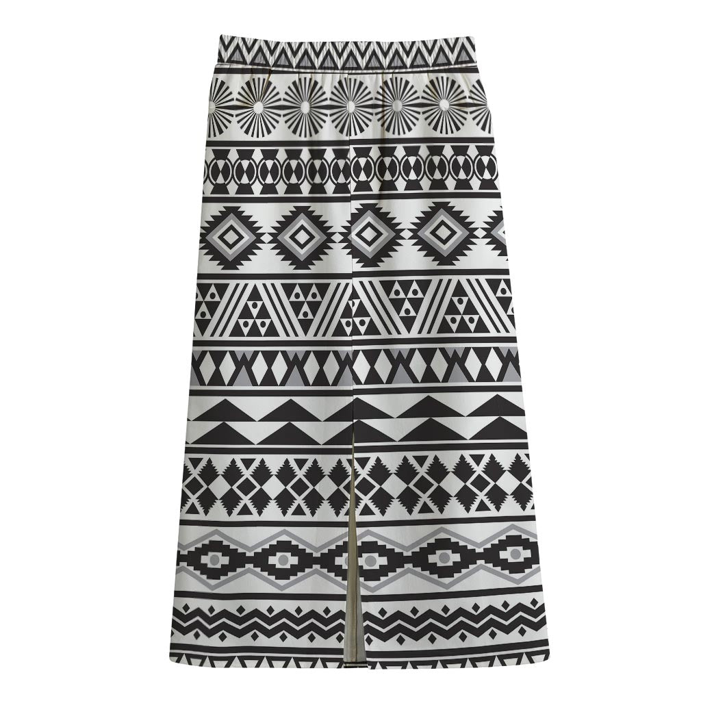 White And Grey Aztec Pattern Print Cotton Front Slit Maxi Skirt