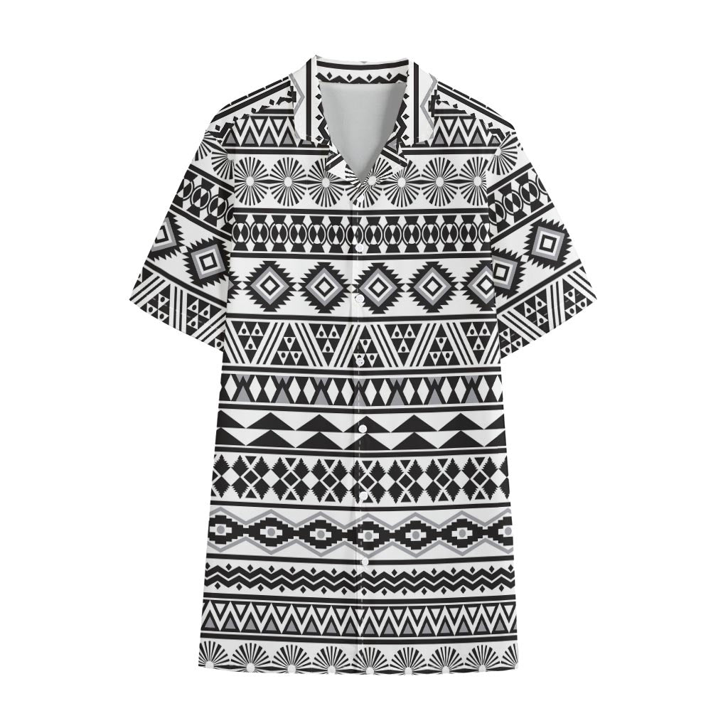 White And Grey Aztec Pattern Print Cotton Hawaiian Shirt