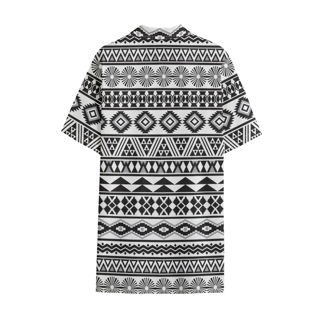 White And Grey Aztec Pattern Print Cotton Hawaiian Shirt