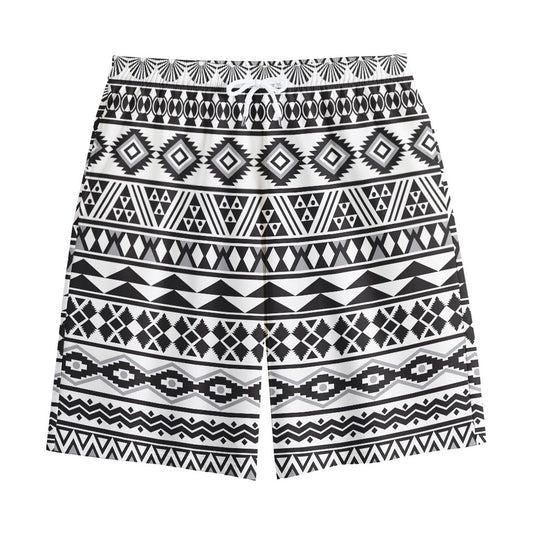 White And Grey Aztec Pattern Print Cotton Shorts
