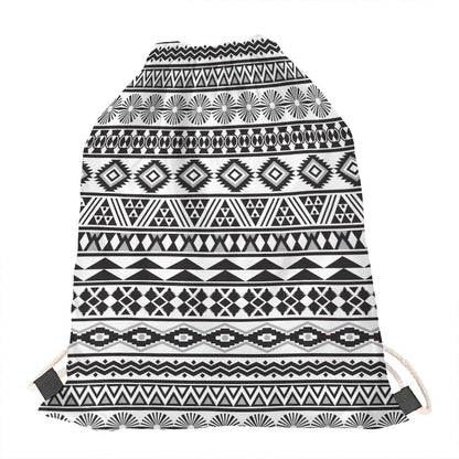 White And Grey Aztec Pattern Print Drawstring Bag