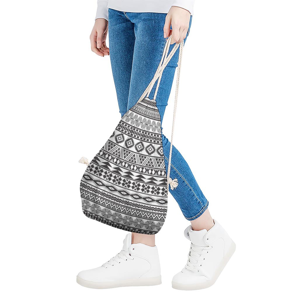 White And Grey Aztec Pattern Print Drawstring Bag