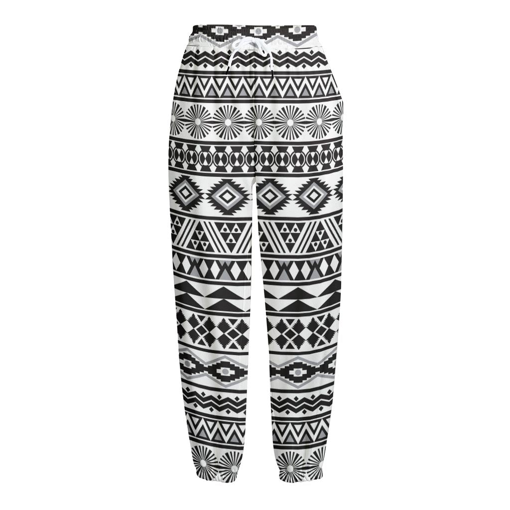 White And Grey Aztec Pattern Print Fleece Lined Knit Pants