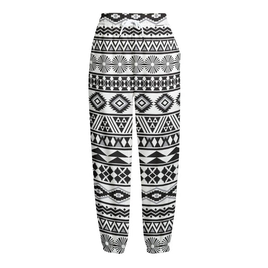 White And Grey Aztec Pattern Print Fleece Lined Knit Pants