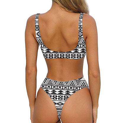 White And Grey Aztec Pattern Print Front Bow Tie Bikini