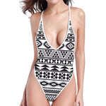 White And Grey Aztec Pattern Print High Cut One Piece Swimsuit