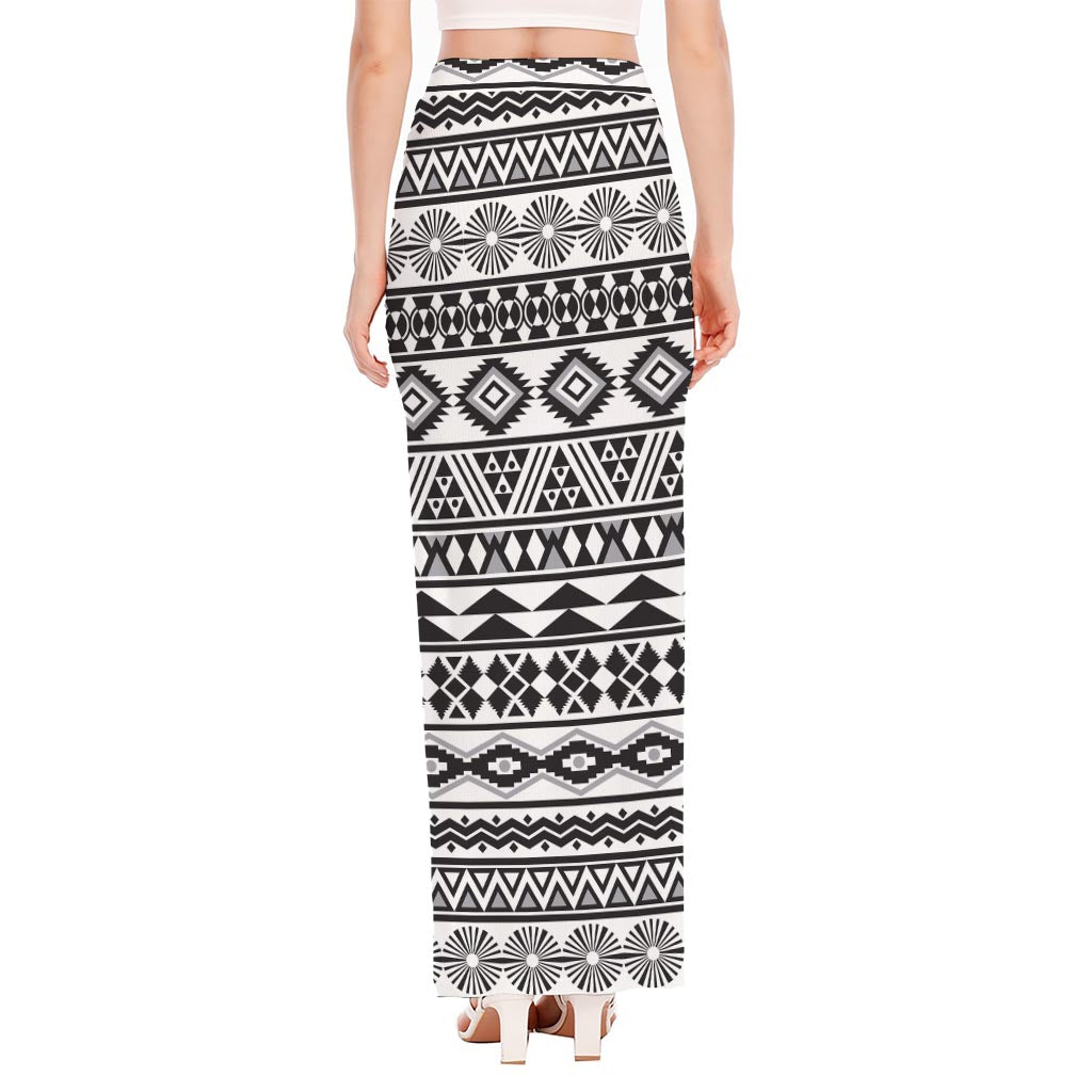 White And Grey Aztec Pattern Print High Slit Maxi Skirt