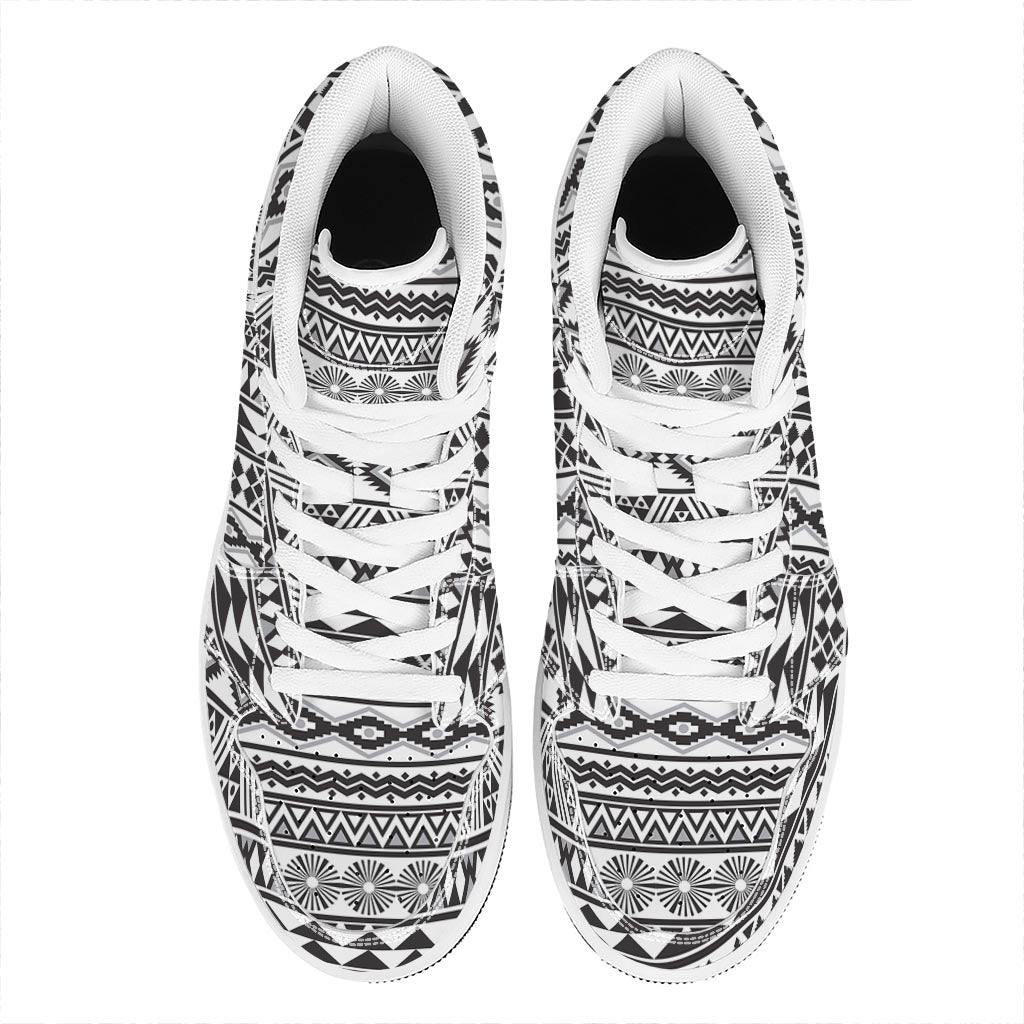 White And Grey Aztec Pattern Print High Top Leather Sneakers