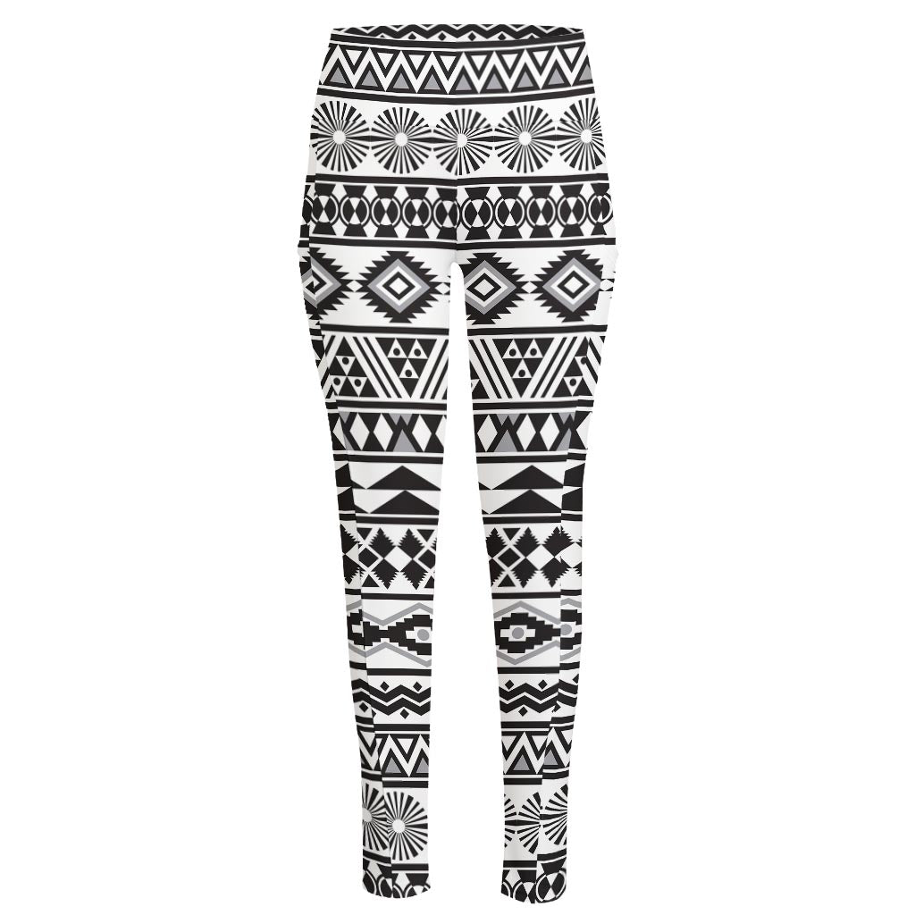 White And Grey Aztec Pattern Print High-Waisted Pocket Leggings