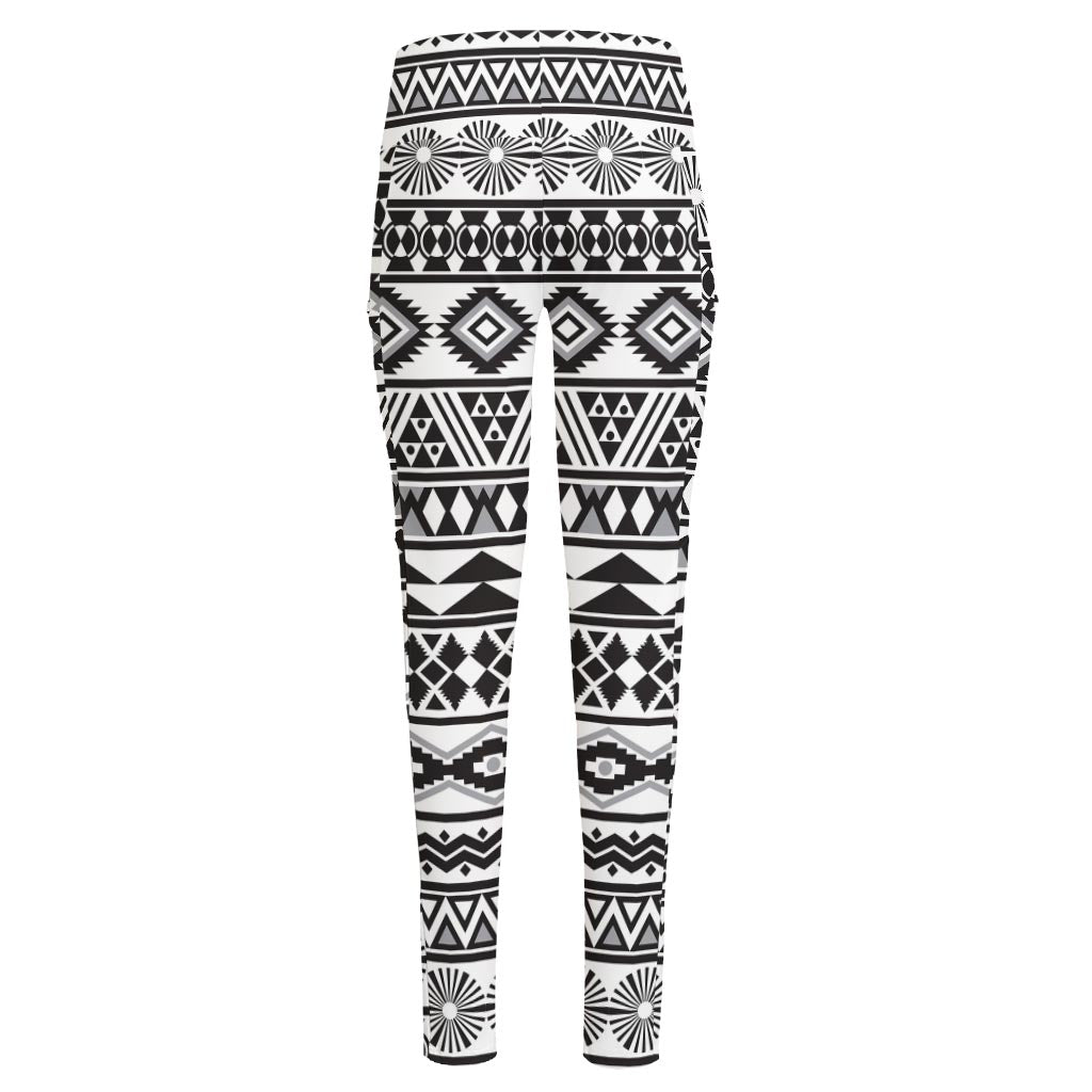 White And Grey Aztec Pattern Print High-Waisted Pocket Leggings