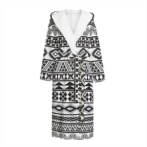 White And Grey Aztec Pattern Print Hooded Bathrobe