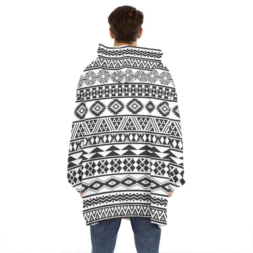 White And Grey Aztec Pattern Print Hoodie Blanket