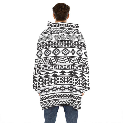 White And Grey Aztec Pattern Print Hoodie Blanket