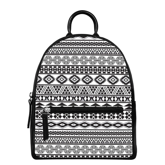White And Grey Aztec Pattern Print Leather Backpack