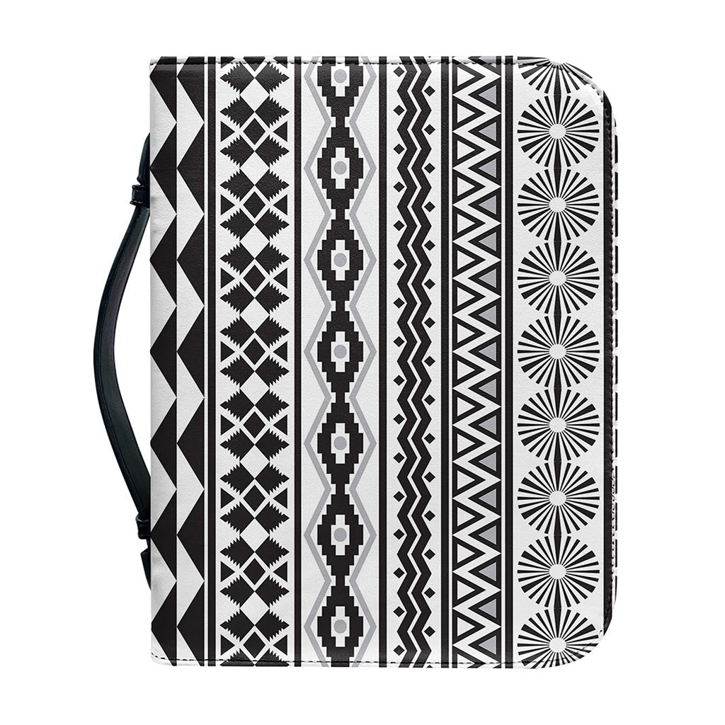 White And Grey Aztec Pattern Print Leather Bible Cover