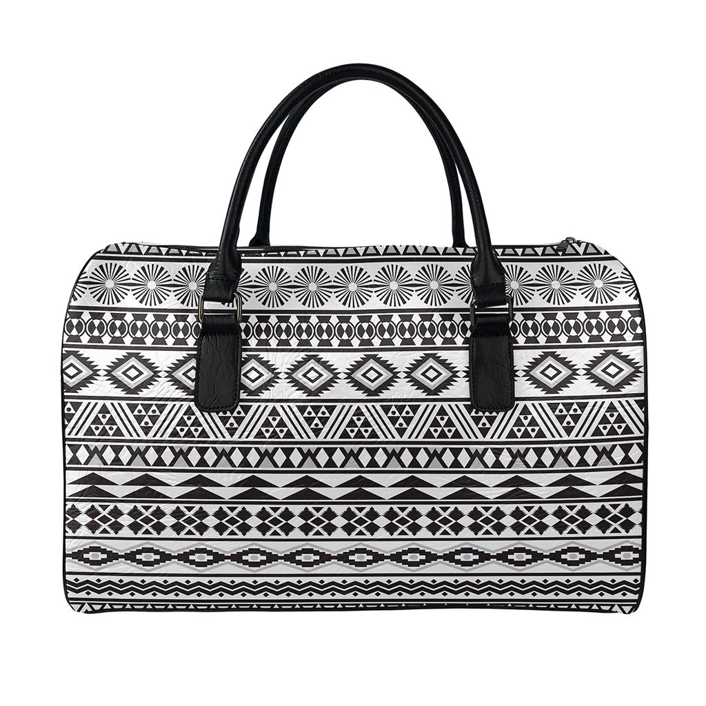 White And Grey Aztec Pattern Print Leather Duffle Bag