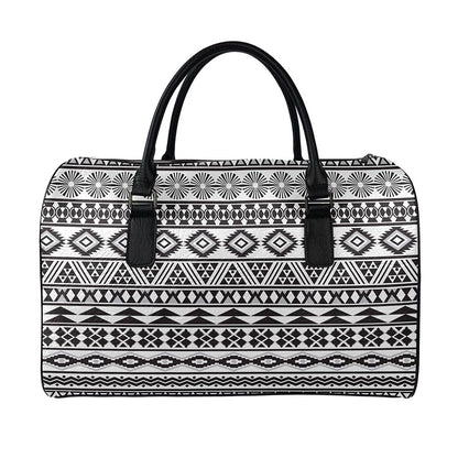 White And Grey Aztec Pattern Print Leather Duffle Bag