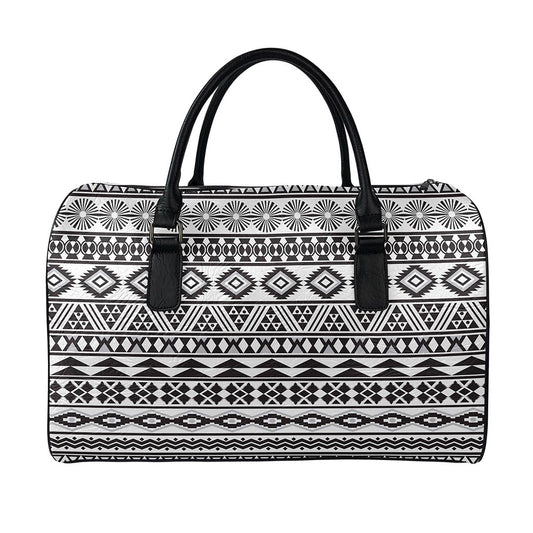 White And Grey Aztec Pattern Print Leather Duffle Bag