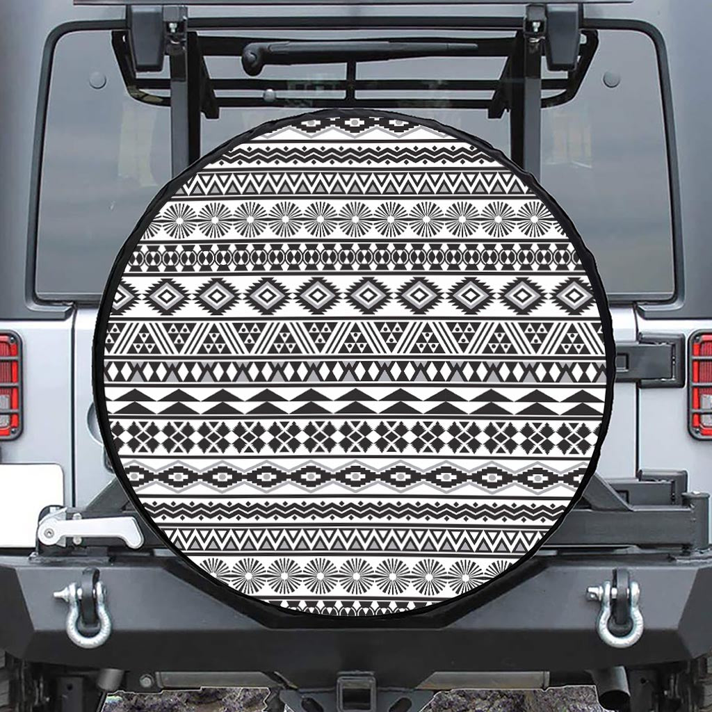 White And Grey Aztec Pattern Print Leather Spare Tire Cover