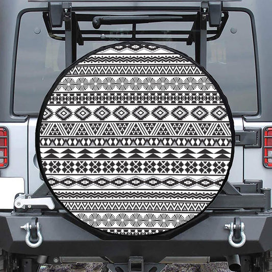 White And Grey Aztec Pattern Print Leather Spare Tire Cover