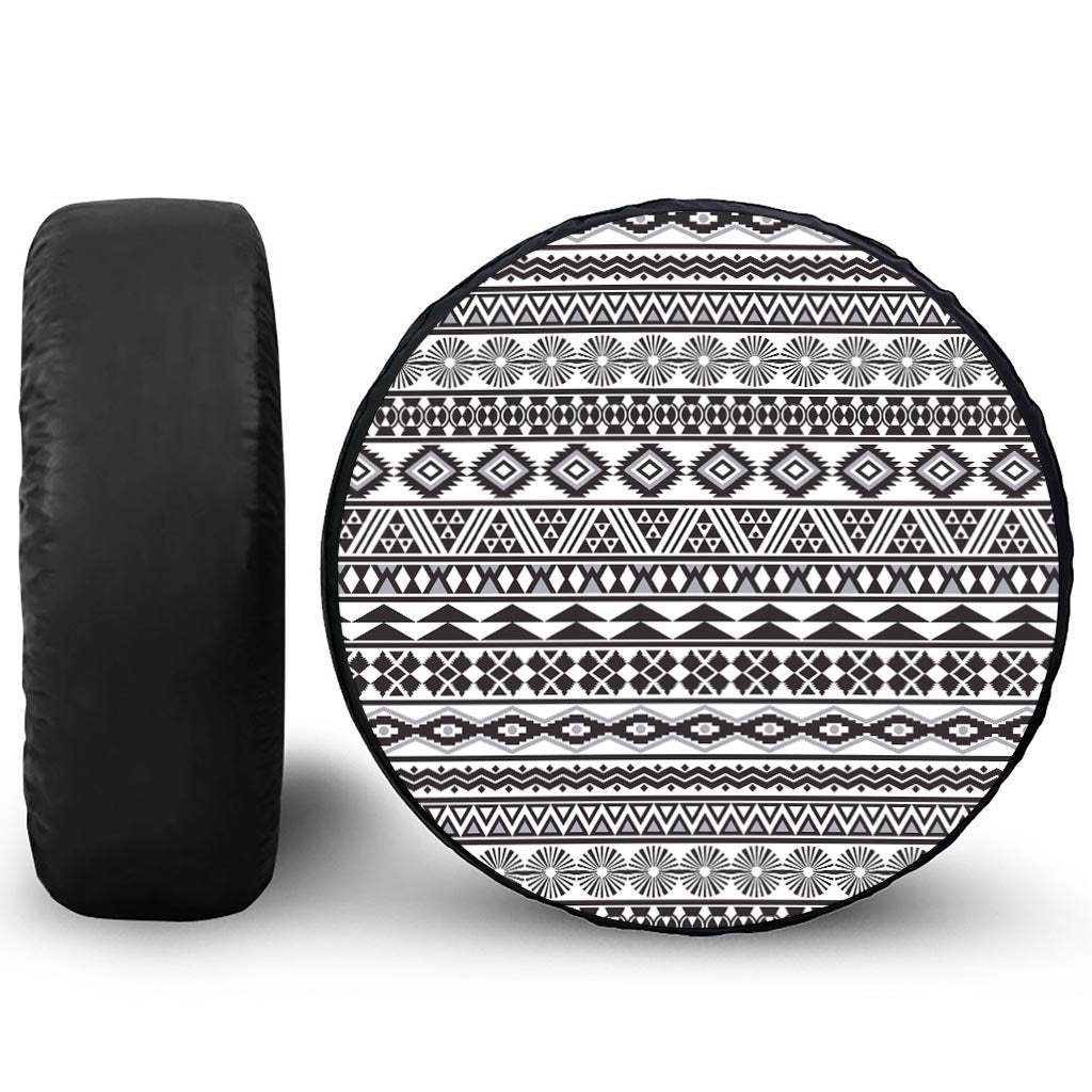 White And Grey Aztec Pattern Print Leather Spare Tire Cover