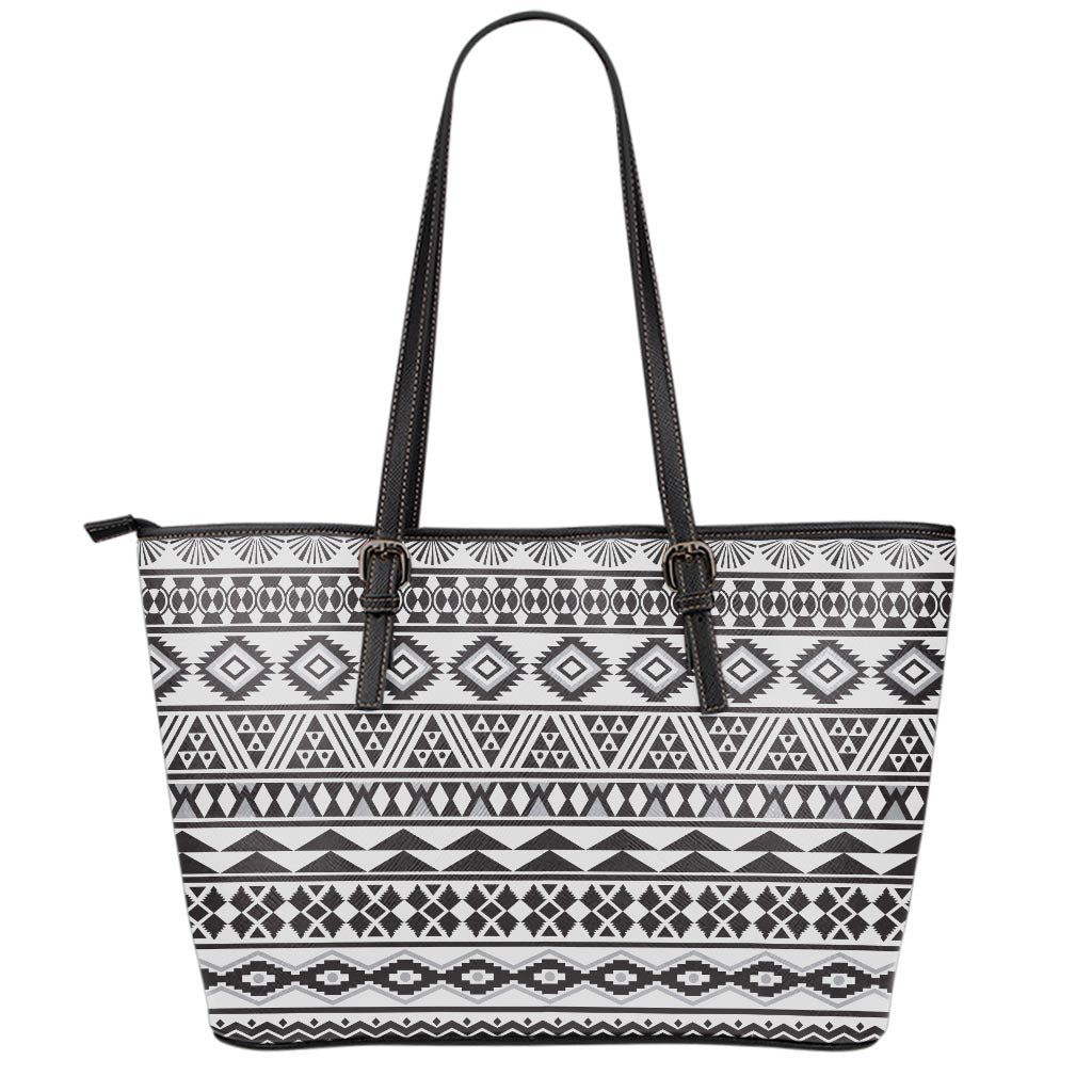 White And Grey Aztec Pattern Print Leather Tote Bag