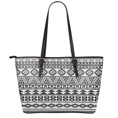 White And Grey Aztec Pattern Print Leather Tote Bag