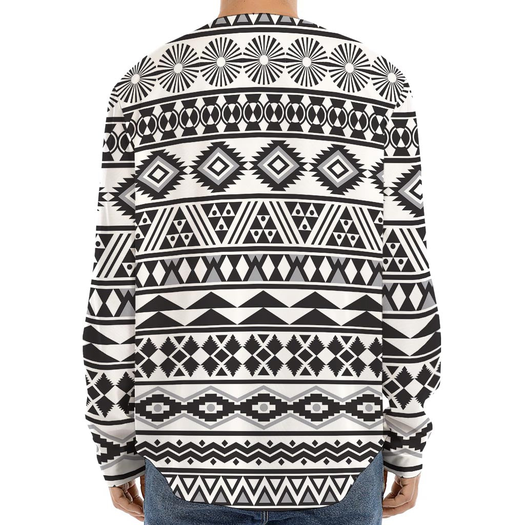 White And Grey Aztec Pattern Print Long Sleeve Baseball Jersey