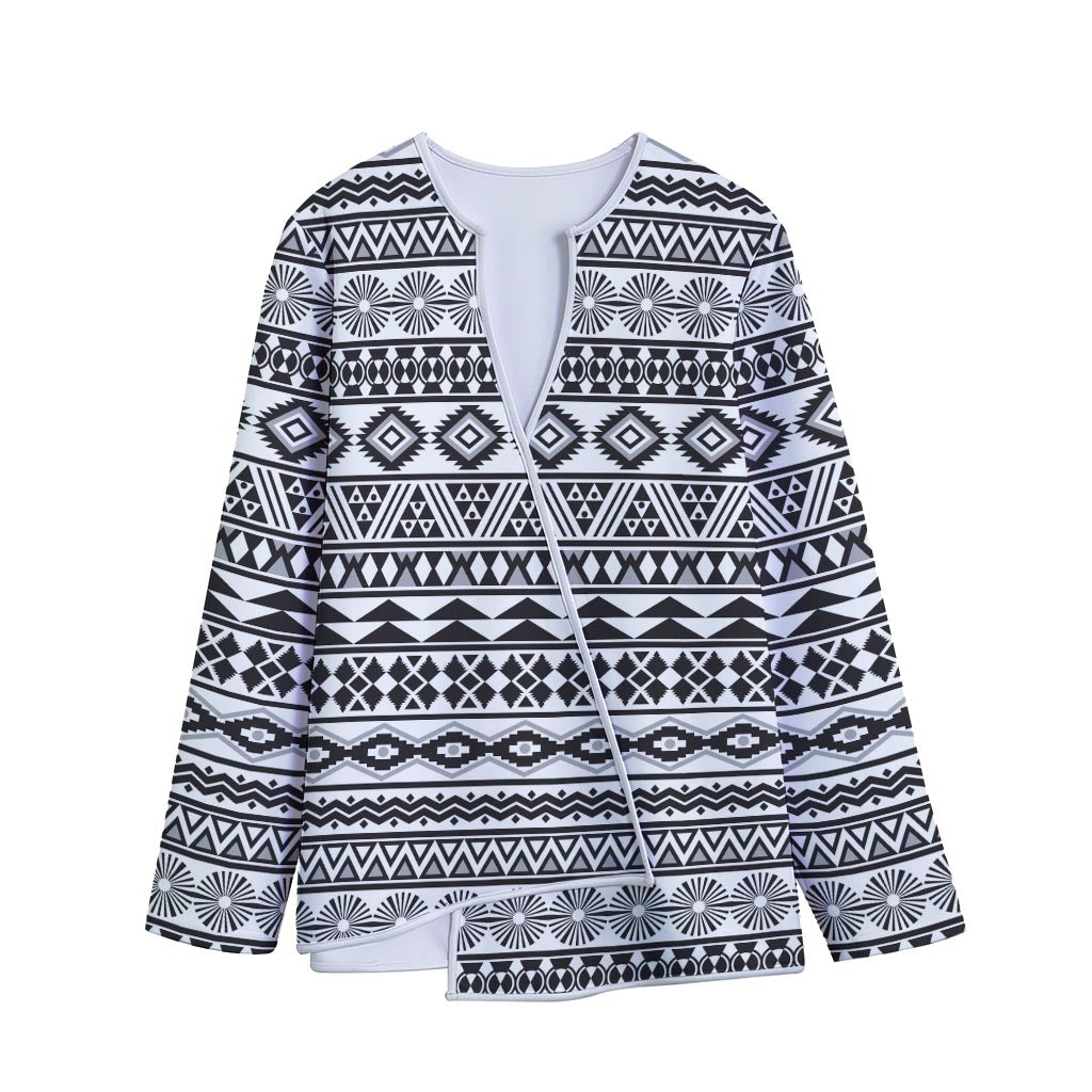 White And Grey Aztec Pattern Print Long Sleeve Short Coat