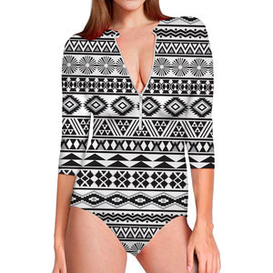 White And Grey Aztec Pattern Print Long Sleeve Swimsuit