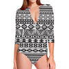 White And Grey Aztec Pattern Print Long Sleeve Swimsuit