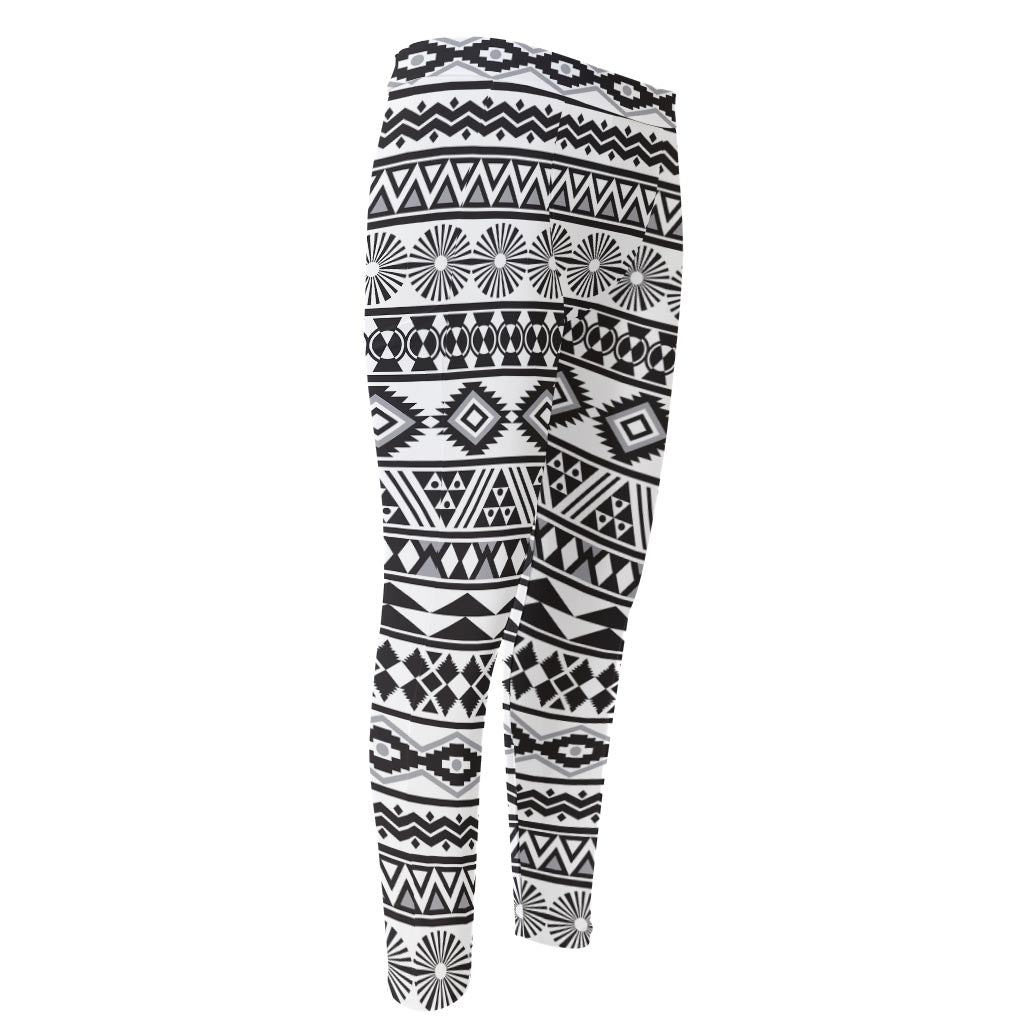 White And Grey Aztec Pattern Print Men's Compression Pants