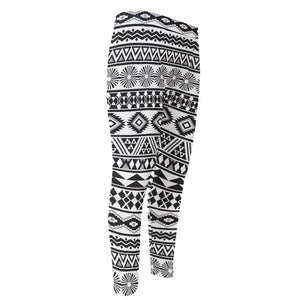 White And Grey Aztec Pattern Print Men's Compression Pants