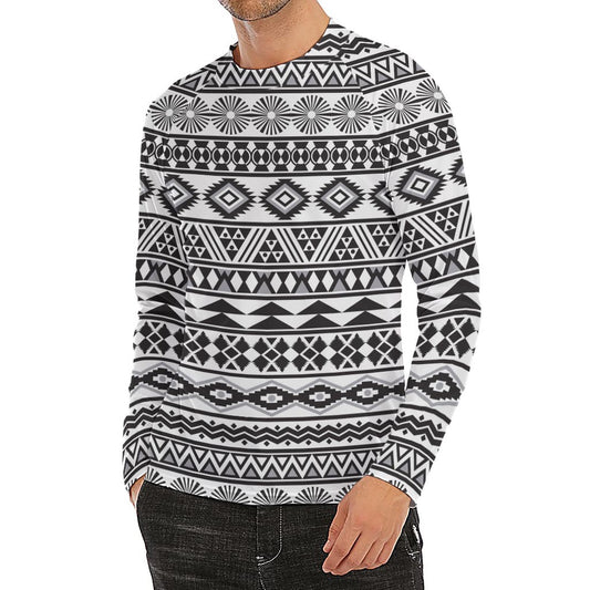 White And Grey Aztec Pattern Print Men's Long Sleeve Rash Guard