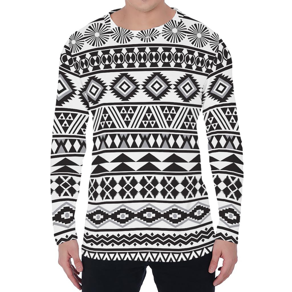 White And Grey Aztec Pattern Print Men's Long Sleeve T-Shirt