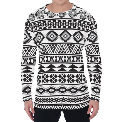 White And Grey Aztec Pattern Print Men's Long Sleeve T-Shirt