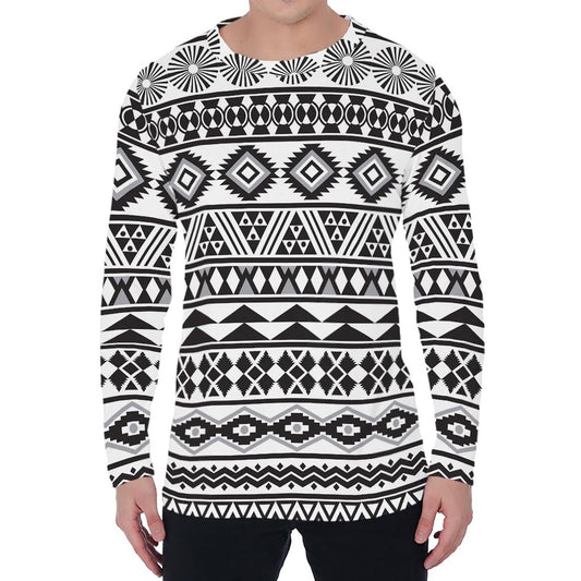 White And Grey Aztec Pattern Print Men's Long Sleeve T-Shirt