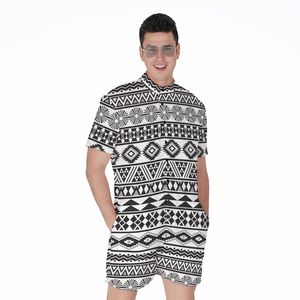 White And Grey Aztec Pattern Print Men's Rompers
