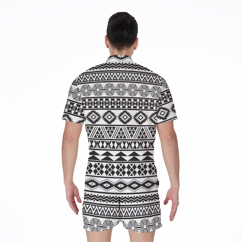White And Grey Aztec Pattern Print Men's Rompers