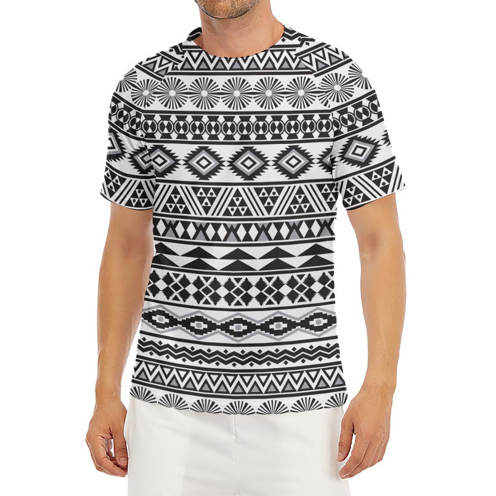 White And Grey Aztec Pattern Print Men's Short Sleeve Rash Guard
