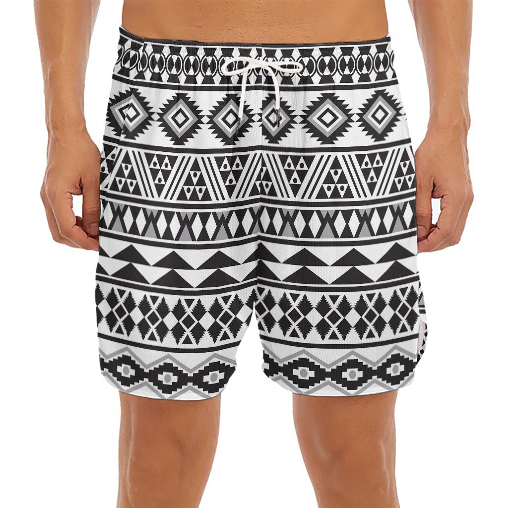 White And Grey Aztec Pattern Print Men's Split Running Shorts