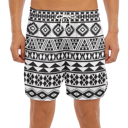 White And Grey Aztec Pattern Print Men's Split Running Shorts