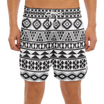 White And Grey Aztec Pattern Print Men's Split Running Shorts