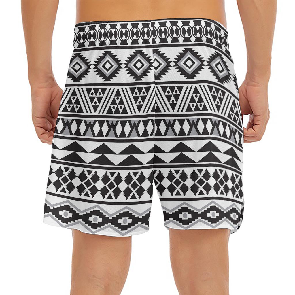 White And Grey Aztec Pattern Print Men's Split Running Shorts