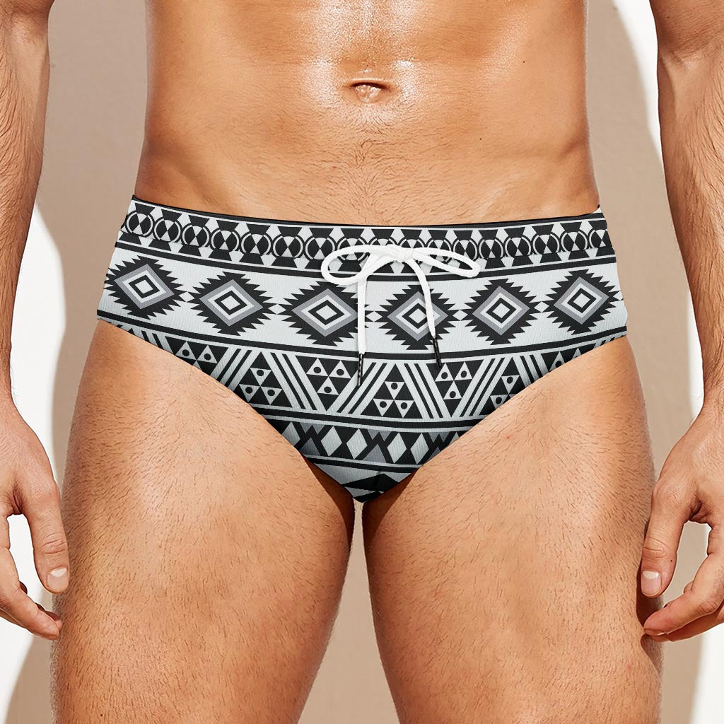 White And Grey Aztec Pattern Print Men's Swim Briefs