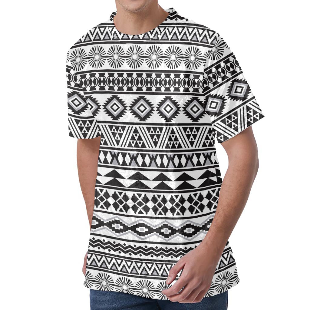 White And Grey Aztec Pattern Print Men's Velvet T-Shirt