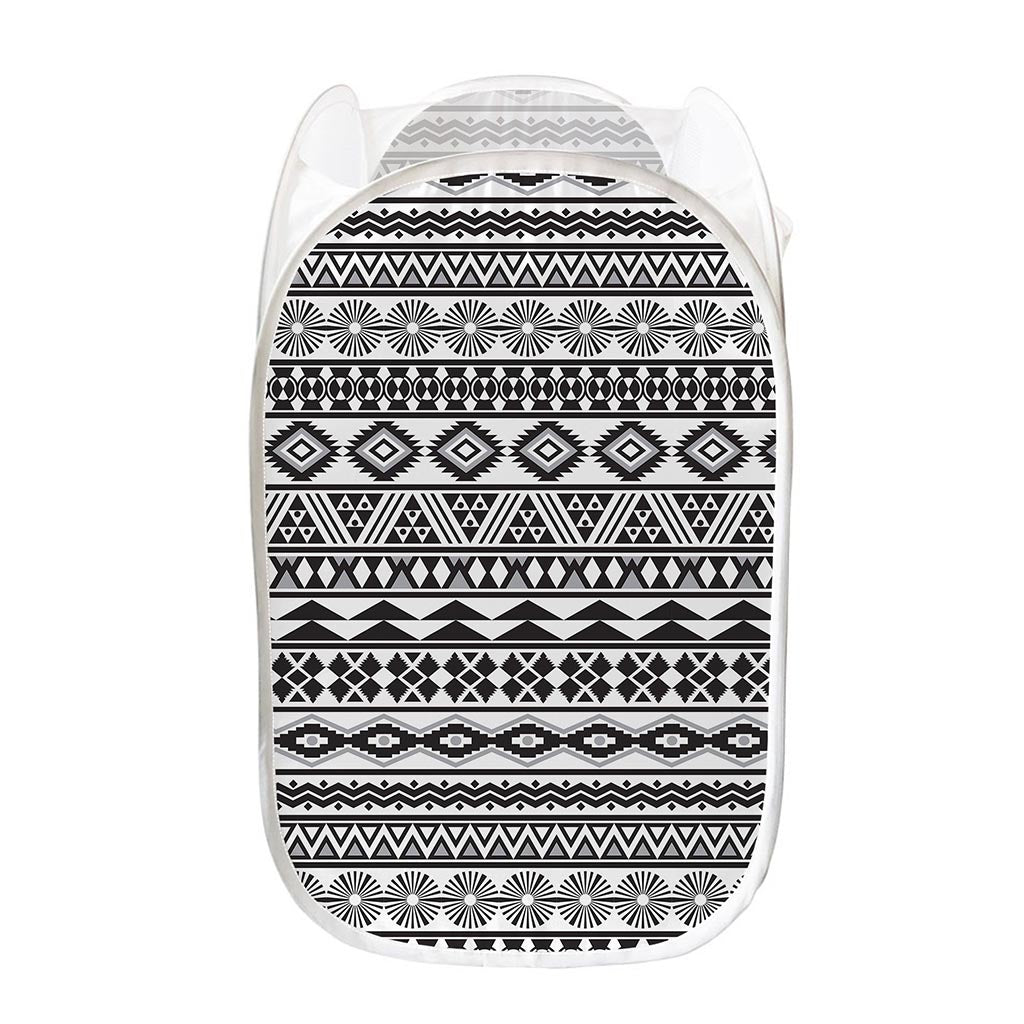White And Grey Aztec Pattern Print Mesh Laundry Hamper