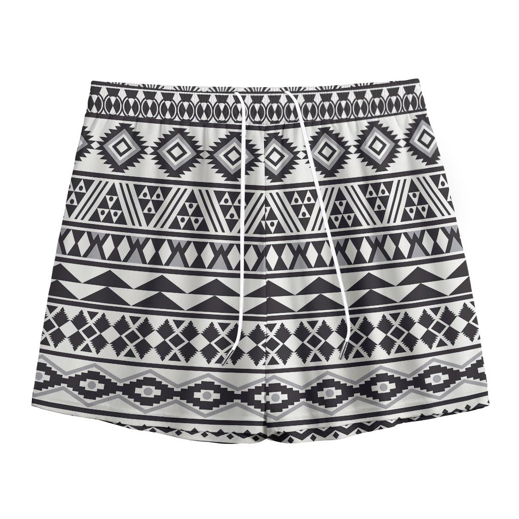 White And Grey Aztec Pattern Print Mesh Shorts